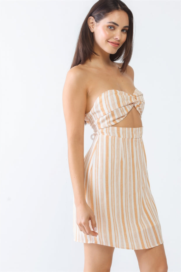 White & Apricot Stripe Print Strapless Twist Cut-out Smocked Back Mini Dress - Fashionmj