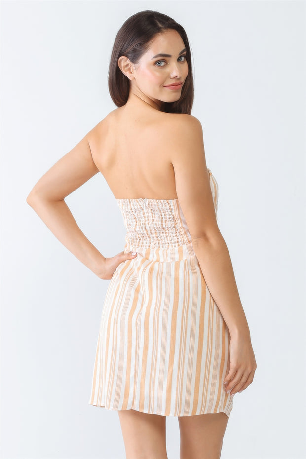 White & Apricot Stripe Print Strapless Twist Cut-out Smocked Back Mini Dress - Fashionmj