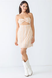 White & Apricot Stripe Print Strapless Twist Cut-out Smocked Back Mini Dress - Fashionmj