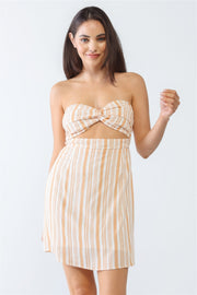 White & Apricot Stripe Print Strapless Twist Cut-out Smocked Back Mini Dress - Fashionmj