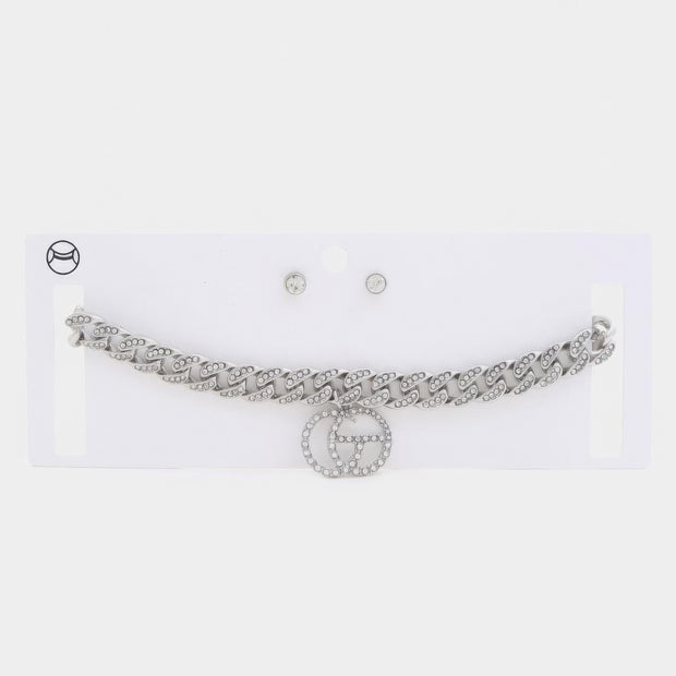 Double Circle Rhinestone Charm Curb Link Choker Necklace - Fashionmj