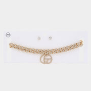 Double Circle Rhinestone Charm Curb Link Choker Necklace - Fashionmj