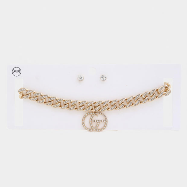 Double Circle Rhinestone Charm Curb Link Choker Necklace - Fashionmj