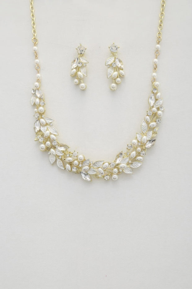 Leaf Pattern Pearl Crystal Necklace - Fashionmj