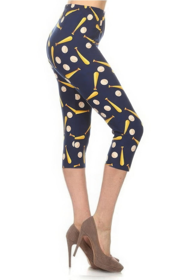 Baseball Printed, High Waisted Capri Leggings In A Fitted Style With An Elastic Waistband - Fashionmj