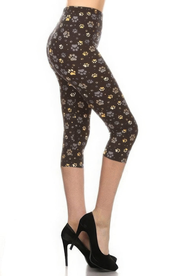 Paw Print, High Rise, Fitted Capri Leggings, With An Elastic Waistband - Fashionmj