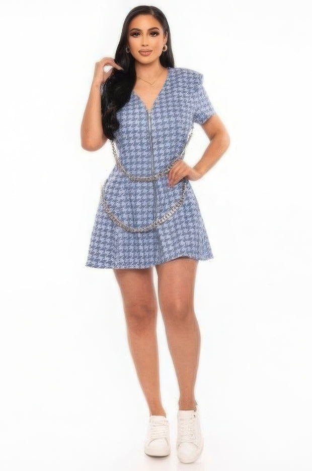 Houndstooth Chain-belt Dress - Fashionmj