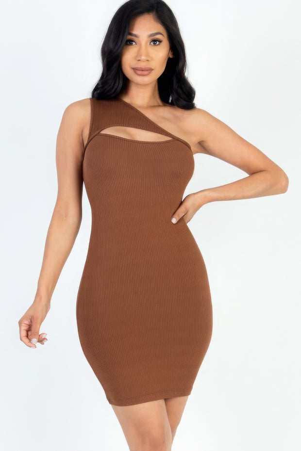 Ribbed One Shoulder Cutout Front Mini Bodycon Dress - Fashionmj