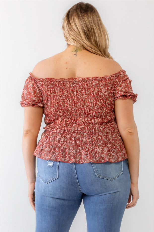 Plus Floral Chiffon Ruched Smocked Off-the-shoulder Top - Fashionmj