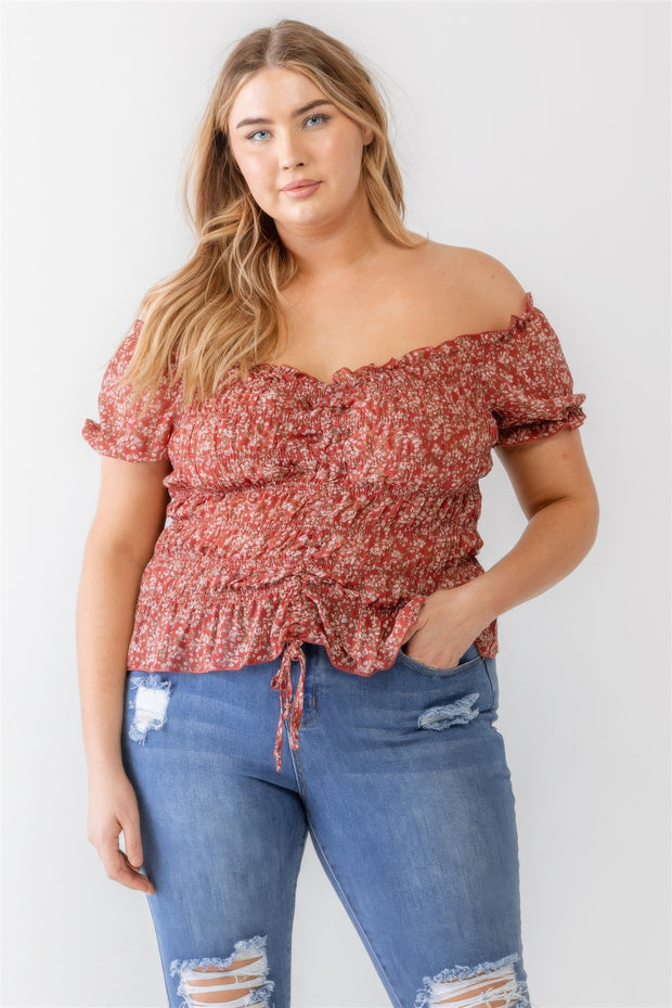 Plus Floral Chiffon Ruched Smocked Off-the-shoulder Top - Fashionmj