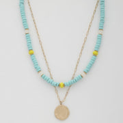 Coin Wood Bead Layered Necklace - Fashionmj