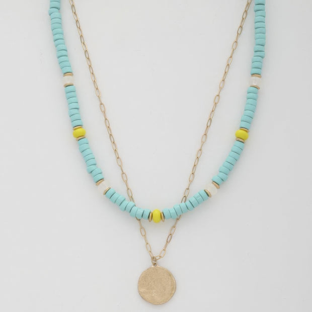 Coin Wood Bead Layered Necklace - Fashionmj