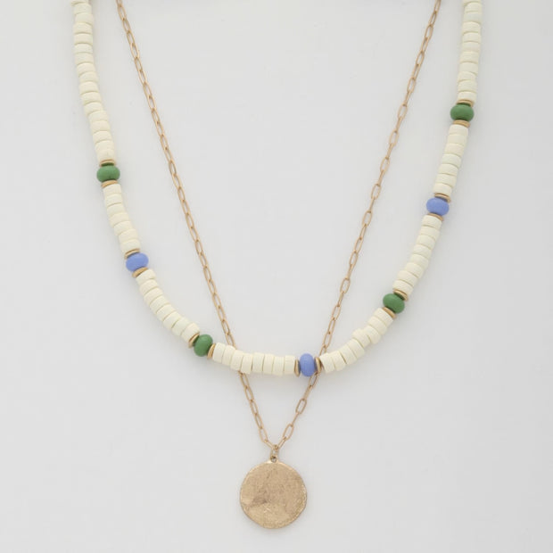 Coin Wood Bead Layered Necklace - Fashionmj