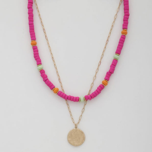 Coin Wood Bead Layered Necklace - Fashionmj