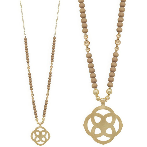 Flower Geometric Pendant Wood Bead Necklace - Fashionmj