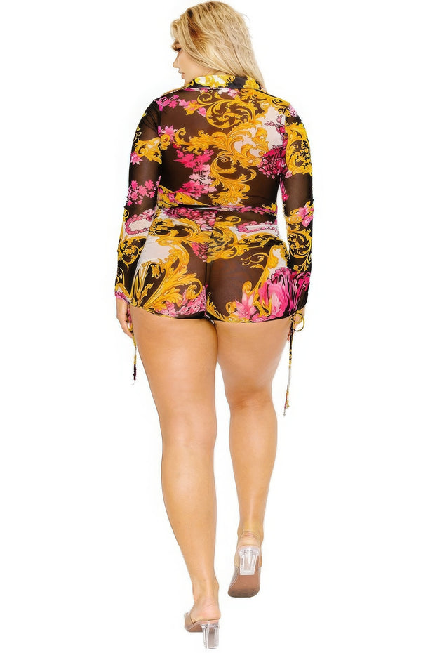 Plus gold & floral pattern print belted romer - Fashionmj