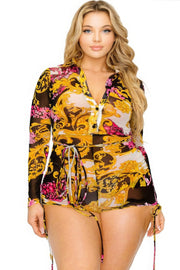 Plus gold & floral pattern print belted romer - Fashionmj