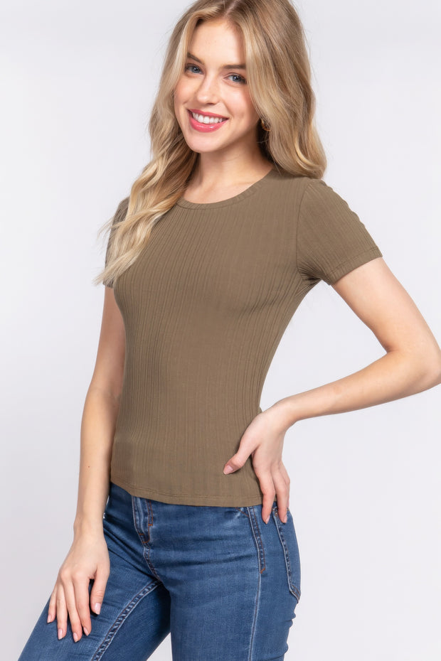 Short Slv Crew Neck Variegated Rib Knit Top - Fashionmj