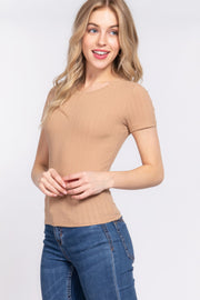 Short Slv Crew Neck Variegated Rib Knit Top - Fashionmj