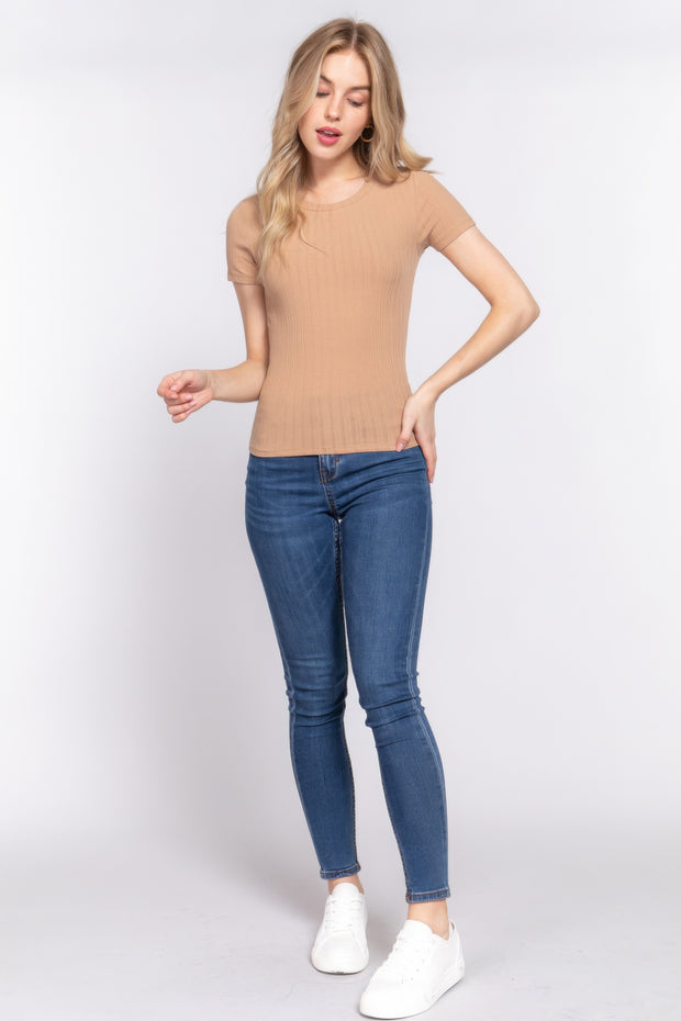 Short Slv Crew Neck Variegated Rib Knit Top - Fashionmj