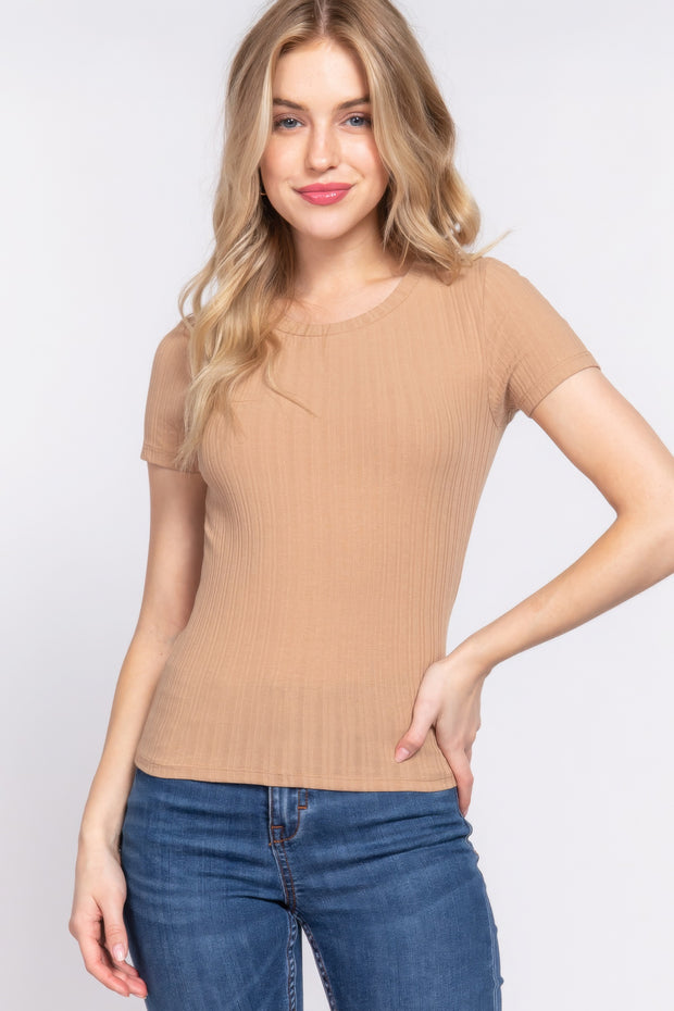 Short Slv Crew Neck Variegated Rib Knit Top - Fashionmj