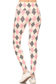 5-inch Long Yoga Style Banded Lined Argyle Printed Knit Legging With High Waist - Fashionmj