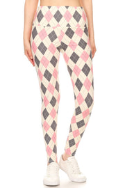 5-inch Long Yoga Style Banded Lined Argyle Printed Knit Legging With High Waist - Fashionmj