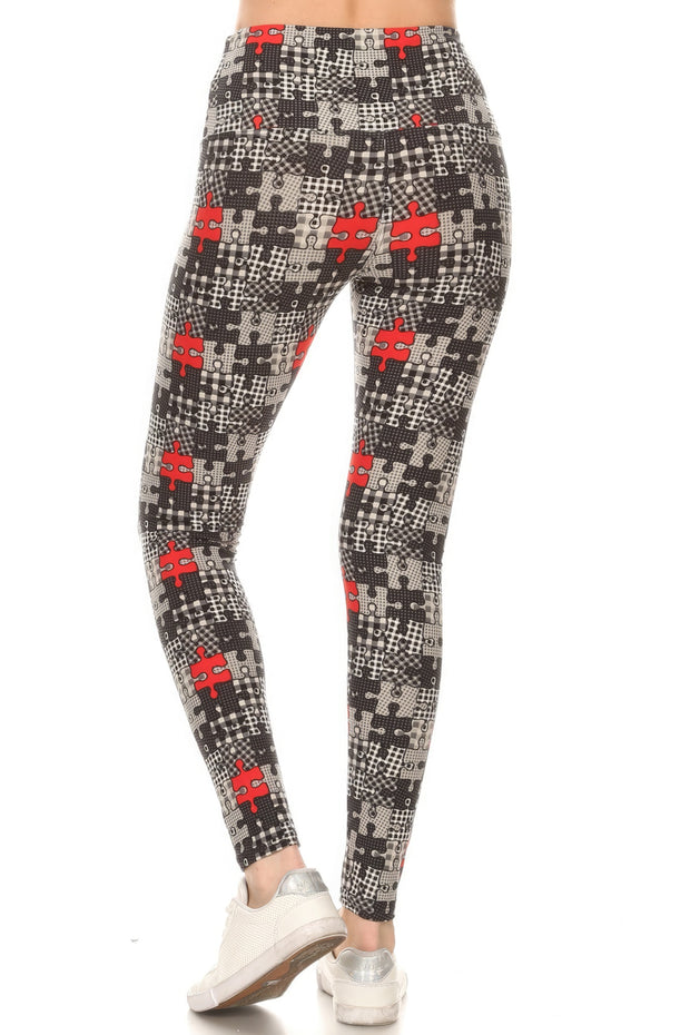 5-inch Long Yoga Style Banded Lined Puzzle Printed Knit Legging With High Waist - Fashionmj