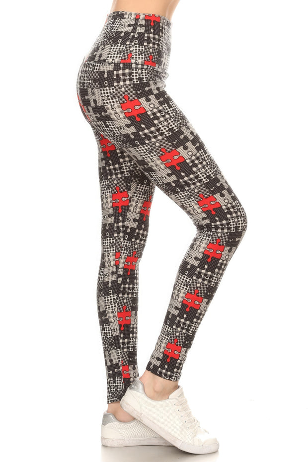 5-inch Long Yoga Style Banded Lined Puzzle Printed Knit Legging With High Waist - Fashionmj