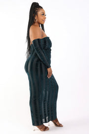 Striped Velvet Off Shoulder Dress - Fashionmj