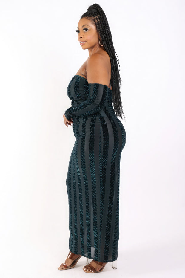 Striped Velvet Off Shoulder Dress - Fashionmj