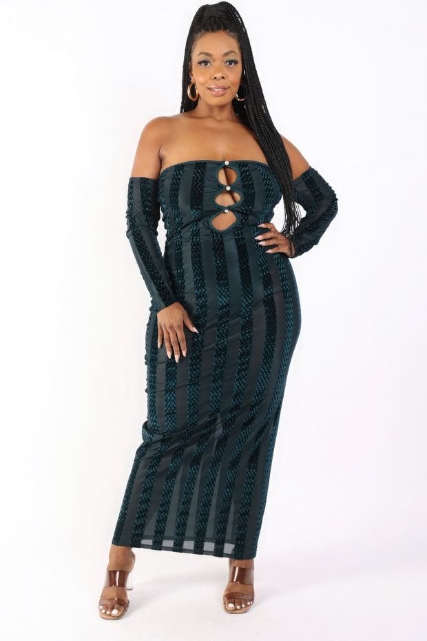 Striped Velvet Off Shoulder Dress - Fashionmj