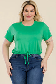 Plus Size Tie Front Drawstring Short Sleeve Crop Top - Fashionmj