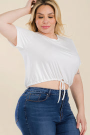 Plus Size Tie Front Drawstring Short Sleeve Crop Top - Fashionmj