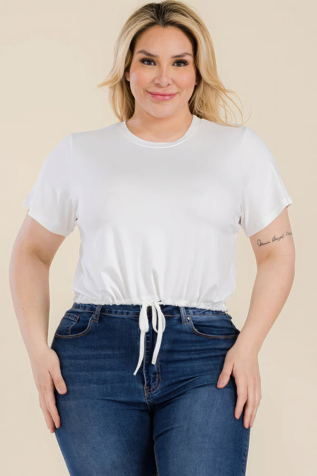 Plus Size Tie Front Drawstring Short Sleeve Crop Top - Fashionmj