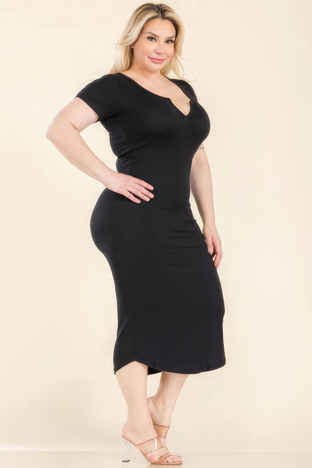 Plus Size Split Neck Bodycon Midi Dress - Fashionmj