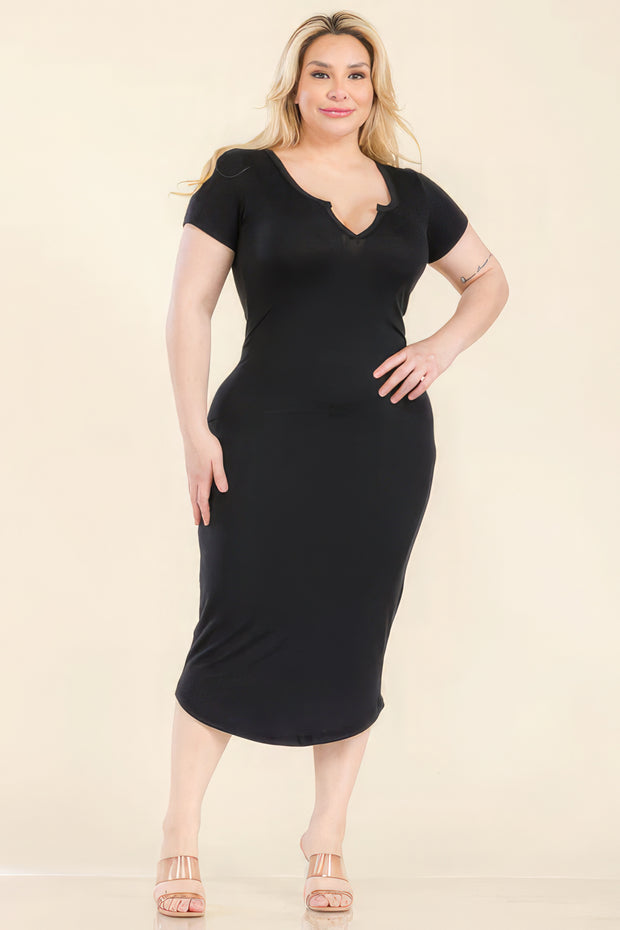 Plus Size Split Neck Bodycon Midi Dress - Fashionmj