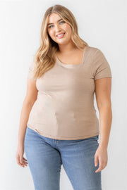 Plus Taupe Waffle Knit Angled Neck Short Sleeve Top - Fashionmj