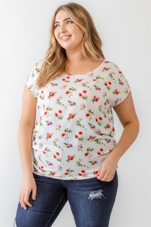 Plus Flower Print Ruched Top - Fashionmj