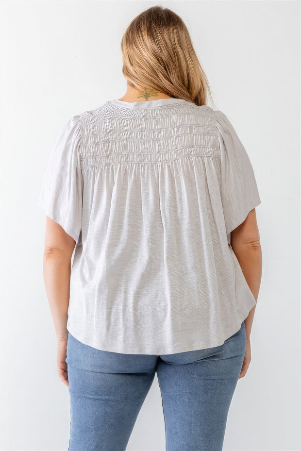 Plus Grey Cotton Blend Smoked Short Sleeve Top - Fashionmj