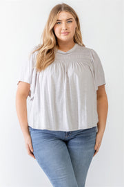 Plus Grey Cotton Blend Smoked Short Sleeve Top - Fashionmj