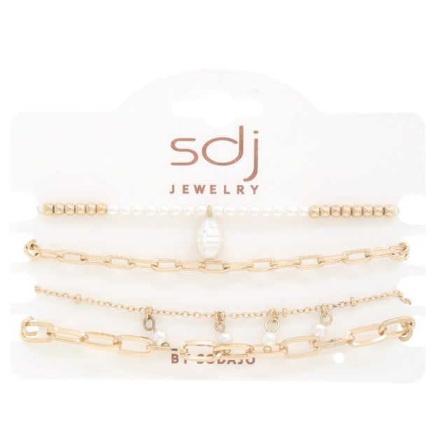 Sodajo Pearl Bead Oval Link Bracelet Set - Fashionmj