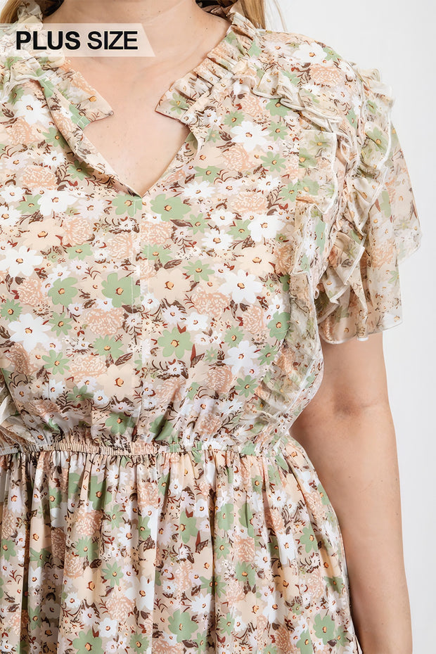 Floral Printed Ruffle Detail Dress With Elastic Waist - Fashionmj