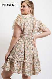 Floral Printed Ruffle Detail Dress With Elastic Waist - Fashionmj