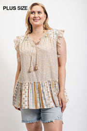 Woven Prints Mixed And Sleeveless Flutter Top With Tassel Tie - Fashionmj