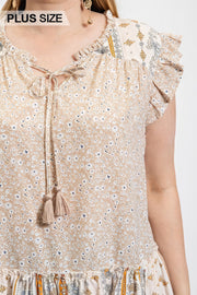 Woven Prints Mixed And Sleeveless Flutter Top With Tassel Tie - Fashionmj