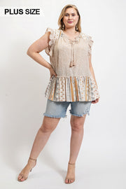 Woven Prints Mixed And Sleeveless Flutter Top With Tassel Tie - Fashionmj