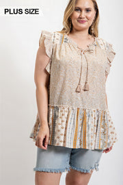 Woven Prints Mixed And Sleeveless Flutter Top With Tassel Tie - Fashionmj