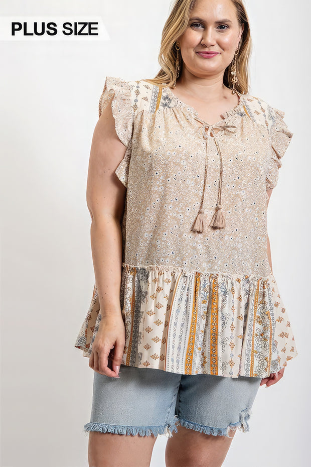 Woven Prints Mixed And Sleeveless Flutter Top With Tassel Tie - Fashionmj