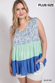 Floral Color Block Ruffle Detail Tiered V-neck Top - Fashionmj